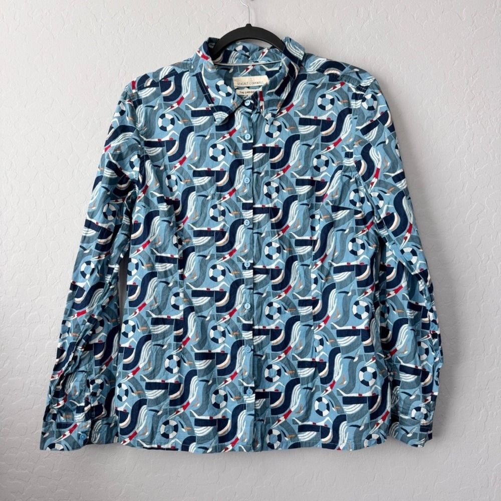 Seasalt Cornwall US 10 Larissa Shirt Blue Long Sleeve Nautical Swimmer Crinkle